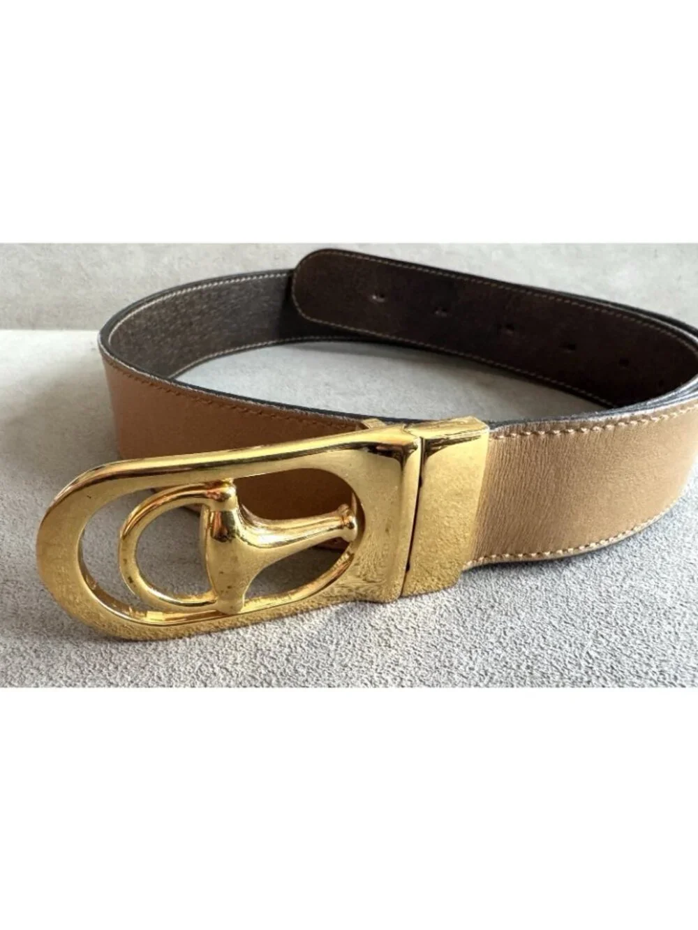 Vtg Signed GUCCI HORSEBIT BUCKLE Brown/Tan LEATHER BELT Reversible 33.5